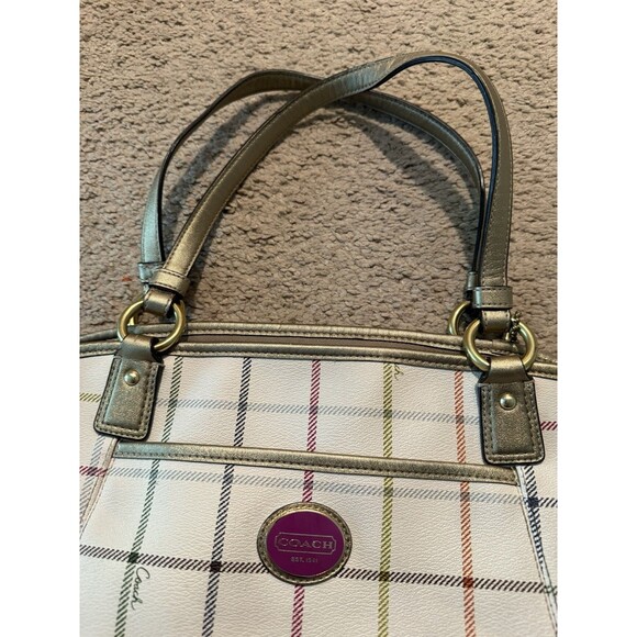 Coach Peyton Tattersall Tote Purse Handbag Ivory Plaid - Picture 4 of 11